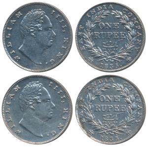 William IV, Silver Rupee (2), 1835, No initials. Very Fine+. (2)