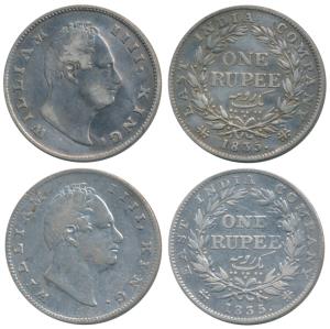 William IV, Silver Rupee (2), 1835, F incuse and RS incuse. Fine and Fine+. (2)