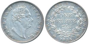William IV, Silver Rupee, 1835, Calcutta Mint, F incuse, No dot after F, A / II, Two Leave