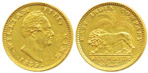 William IV, Gold Mohur, 1835, Calcutta Mint, R. S. initials incused on truncation, rev. li