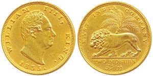 William IV, Gold Proof Restrike 2 Mohurs, 1835, Calcutta Mint, R. S. initials incused on t