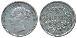 Victoria Queen, Silver ¼ Rupee, 1840, Continuous legend, Madras Mint, English Head, S incu