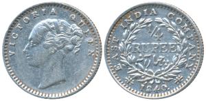 Victoria Queen, Silver ¼ Rupee, 1840, Continuous legend, Madras Mint, English Head, S incu