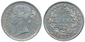 Victoria Queen, Silver ¼ Rupee, 1840, Divided Legend, Calcutta / Bombay Mint, WW raised, 1