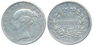 Victoria Queen, Silver ½ Rupee, 1840, Continuous legend, Bombay Mint, English Head, 19 Ber