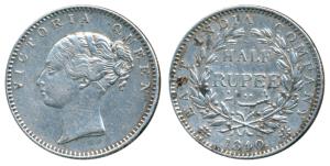 Victoria Queen, Silver ½ Rupee, 1840, Continuous legend, English Head, 19 Berries (9L+10R)