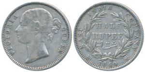 Victoria Queen, Silver ½ Rupee, 1840, Divided legend, Madras Mint, S raised WW incuse, 24 