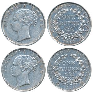 Victoria Queen, Silver Rupee (2), 1840, Continuous legend, Madras Mint, English Head, S in