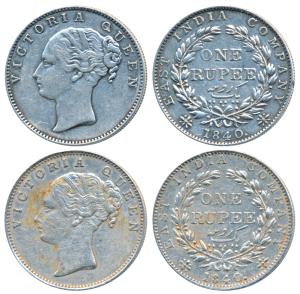 Victoria Queen, Silver Rupee (2), 1840, Continuous legend, Madras Mint, English Head, S in