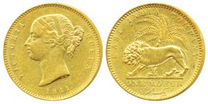Victoria Queen, Gold Mohur, 11.66g, 1841, Divided legend, WW incused on truncation, cross 