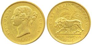 Victoria Queen, Gold Mohur, 11.66g, 1841, Divided legend, WW incused on truncation, cross 