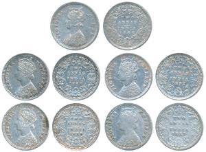 Victoria Queen, Silver 2 Annas (5), 1862, A / I / No mint mark; 1887, 1888 (2), 1892 all B