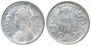 Victoria Queen, Silver ¼ Rupee, 1862, Calcutta Mint, A / I / No mint mark, (Prid 376). Unc