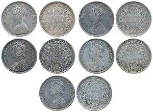 Victoria Queen, Silver Rupee (5), 1862, Bombay Mint, A / II / 0 / 4, A / II / 0 / 5 (2), a