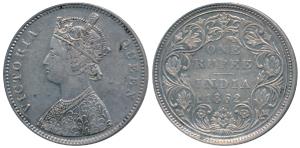 Victoria Queen, Silver Rupee, 1862, Bombay Mint, A / II / 1 / 10, Top dot within top flowe