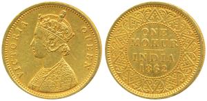 Victoria Queen, Gold Mohur, 1862, single flower in bottom panel of jabot, without V in Jab
