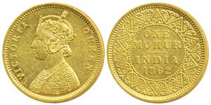 Victoria Queen, Gold Mohur, 1862, single flower in bottom panel of jabot, V in relief in t