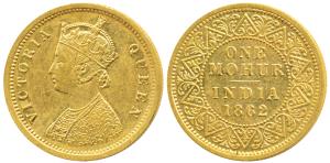 Victoria Queen, Gold Mohur, 1862, two flowers in bottom panel of jabot, V in relief in the