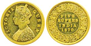 Victoria Queen, Gold Rupees 5, Calcutta Mint, 1870, ’CM’ in Jabbot (Prid 40, KM 478). Proo