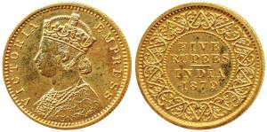 Victoria Empress, Gold Rupees 5, 1879, Mature Bust, Bombay Mint, (Prid 45). Proof Restrike