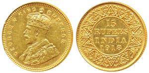 George V, Gold 15 Rupees, 1918, Bombay Mint, (Prid 25). (KM 525). Slight edge knick, Very 
