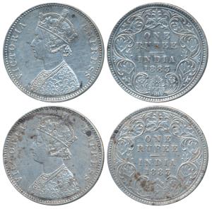 Victoria Empress, Silver Rupee (2), 1883, Bombay Mint, A3 / I / B raised, (Prid 164). Very