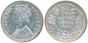 Victoria Empress, Silver 2 Annas, 1886, Calcutta Mint, B / II / C incuse (Prid 501). Uncir