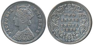 Victoria Empress, Silver 2 Annas, 1886, Bombay Mint, B / II / B incuse, (Prid 539). Very F