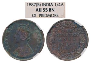 Victoria Empress, Copper ¼ Anna, 1887, Bombay Mint, (Prid 642). Graded by NGC, AU 55BN, Ra