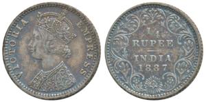 Victoria Empress, Silver ¼ Rupee, 1887, Bombay Mint, C / II / B raised (Prid 420). About E