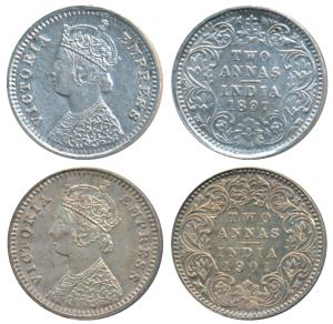 Victoria Empress, Silver 2 Annas, 1897, B / II / B incuse; 1901, B / I / B incuse. About E