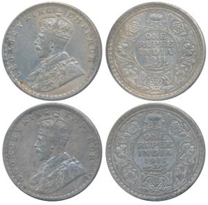 George V, Silver Rupee (2), 1911, Calcutta and Bombay Mints, (Prid 207 & 217). Very Fine a