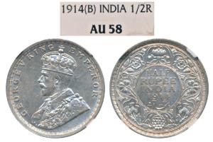 George V, Silver ½ Rupee, 1914, Bombay Mint, (KM 522). Graded by NGC, AU58, Scarce in good
