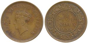 George VI, Bronze ½ Pice, 1938, Calcutta Mint, 1st Head, Unlisted in Pridmore. Very Fine+,
