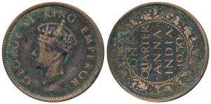George VI, Bronze ¼ Anna, 1939, Calcutta Mint, 1st head, Error, die rotate to 9 o’clock (P