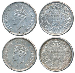 George VI, Silver ½ Rupee (2), 1939, Calcutta Mint, 2nd head, A / I / No dot (Prid 364). A