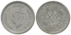 George VI, Half Silver ¼ Rupee, 1945, Bombay Mint, Error, die rotate to 2 o’clock. Fine, R