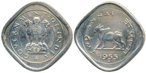 Anna Series, Cupro-Nickel, 2 Annas, 1955, Bombay Mint (KM 4.2). About Extremely Fine, Very