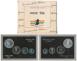1989 Uncirculated Set, Jawaharlal Nehru Centenary, set of 4, Rupee 1 to 100. In immaculate