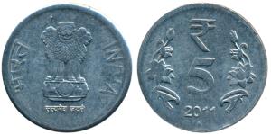 Stainless Steel Rupees 5, 2011, Bombay Mint, Off Metal Strike (OMS), Stainless Steel inste