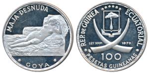 Equatorial Guinea, Silver 100 Pesetas, 20g, 1970, obv. crossed Tusks divide arms above and