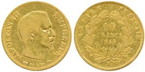 France, Napoleon III, Gold 10 Francs, 3.2g, 1855 A, Paris Mint, obv. bare head, rev. value