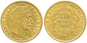 France, Napoleon III, Gold 10 Francs, 3.2g, 1863 A, Paris Mint, obv. laureate head, rev. v