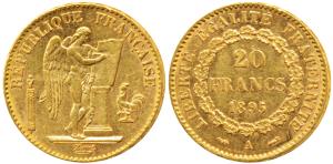 France, Gold 20 Francs, 6.49g, 1895, obv. standing winged Genius writing the constitution 