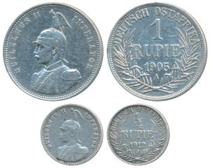 German East Africa, Wilhelm II, Silver Rupie / Rupee and ¼ Rupee, 1905A and 1912J (KM 10 &