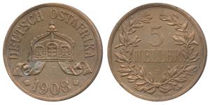 German East Africa, Copper 5 Heller, 1908 J, 19.76g, (KM11). About Extremely Fine, Scarce.