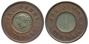 Great Britain, Bi-Metal, Silver and Copper One Penny Model, Victoria young head in center.