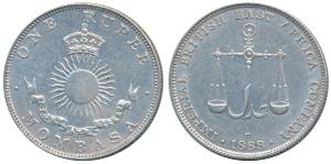 Mombasa, Silver Rupee, 11.5g, 1888 H (KM 5). About Uncirculated, Rare.