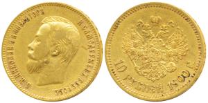Russia, Czar Nicholas II, Gold 10 Roubles, 8.6g, 1900, St. Petersburg Mint (KM Y62). Very 