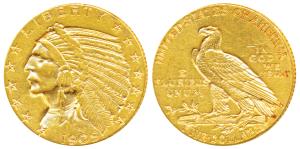 United States of America, Gold $5, 8.4g, Indian Head on obv., Motto ’IN GOD WE TRUST’ behi